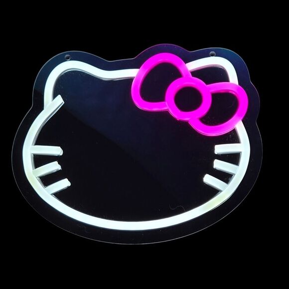 Hello Kitty LED Wall Mirror 9" Small Neon Pink Bow White Cat Face Light Up NEW - Picture 1 of 9